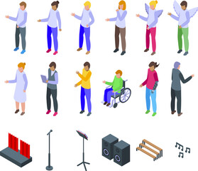 Choir child icons set isometric vector. School children. Student perform stage