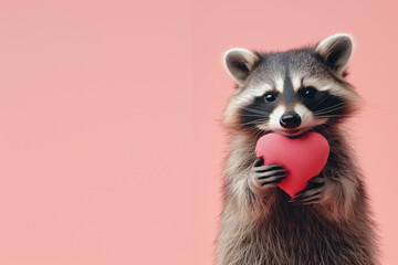 Beautiful cute raccoon holding a plush heart on a pink background with space for your text