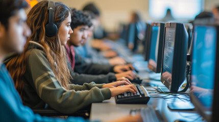 A computer lab with students coding on PCs. - obrazy, fototapety, plakaty