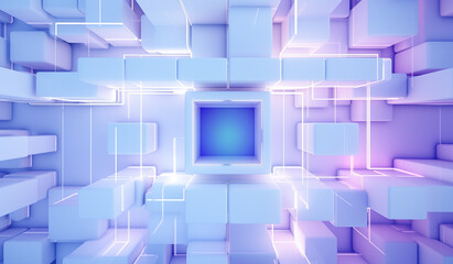 Fototapeta premium Abstract volume background composition of variously sized cubes in soft lavender and blue hues, creating a glowing, magical depth