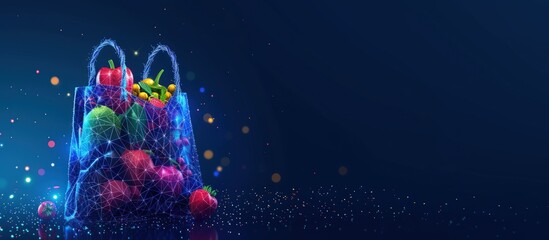 Futuristic 3d paper bag groceries with fruits and vegetables in dark blue background. AI generated - obrazy, fototapety, plakaty