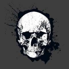 Black and white human skull with splatter effects, isolated on a dark gray background. Front view, ink and paint grunge texture. Vector illustration of graphic art, hand-drawn, for a T-shirt design
