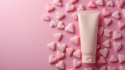 A multitude of hearts on a pastel pink backdrop adorn a beige cosmetic cream tube mockup with space, Generative AI.
