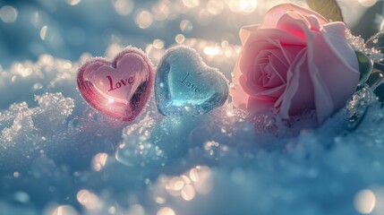 Winter snow season with 2 brightly colored heart-shaped gems, light pink, light blue transparent gems on white snow, and a bouquet of pink roses set off, gems engraved with the word 
