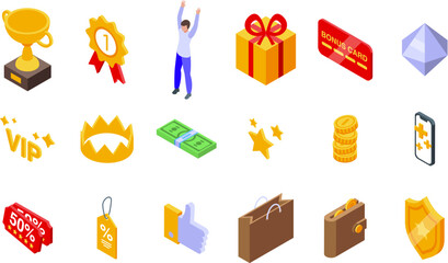 Exclusive benefits icons set isometric vector. Reward loyalty gift. Member special