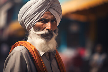 Elderly Indian man in national dress in the city. Blurred Background - obrazy, fototapety, plakaty