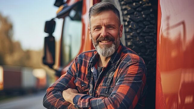 A confident male driver standing next to his truck. The concept of transportation. Happiness beams from the driver's face as he showcases his truck, reminding us of the beauty of transportation.
