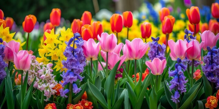Vibrant Spring Garden Bursting With Colorful Tulips, Daffodils, And Hyacinths In Full Bloom. Сoncept Fine Art Photography, Urban Cityscapes, Serene Beaches, Majestic Mountains, Captivating Wildlife