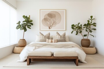 A bedroom featuring a bed, plants, and a picture hanging on the wall.