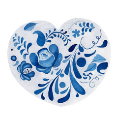 Watercolor illustration of white heart with blue ornament isolated on white background. Bright design template for cards, invitations, posters, textile