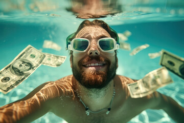 Rich man diving in a pool with bank notes - 729509731