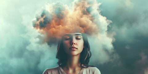 Woman Symbolically Represents Mental Health Struggles With A Dreamy, Cloudfilled Mind. Сoncept Mental Health Awareness, Symbolic Representation, Dreamy Mind, Cloud-Filled Thoughts