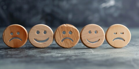 Wooden Labels Denote Customer Satisfaction With Happy, Neutral, Or Sad Face Icons. Сoncept Customer Satisfaction Icons, Wooden Labels, Happy Face, Neutral Face, Sad Face