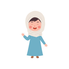 Muslim girl laughs raised hand up in national Arab clothing hijab and long dress, vector cartoon Islamic religious kid