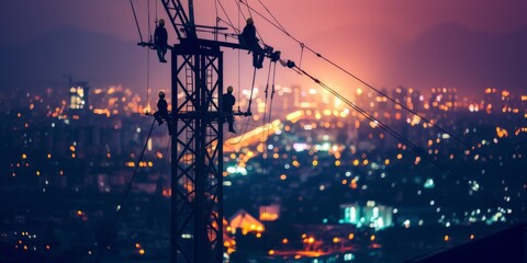 Workers Construct Highvoltage Towers Against A Blurred City Backdrop In Industrial Setting. Сoncept Construction Of High-Voltage Towers, Blurred City Backdrop, Industrial Setting