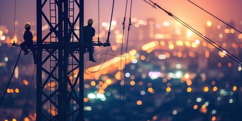 Construction Workers Assemble High-Voltage Towers Amid Urban Landscape In Industrial Setting. Сoncept Construction Workers, High-Voltage Towers, Urban Landscape, Industrial Setting - obrazy, fototapety, plakaty