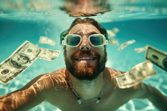 Rich man diving in a pool with bank notes