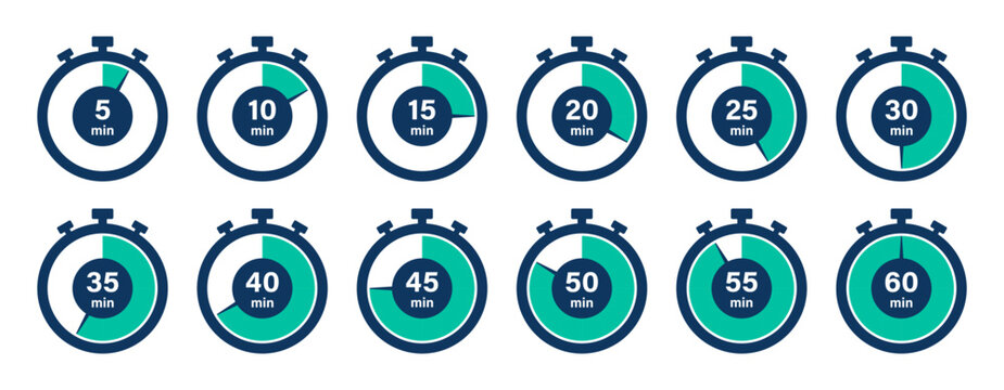 Stopwatch timer set of 12 in cyan color 5-minute clock on white background. Set of timers. Stopwatch icons. Countdown 5, 10, 15, 20, 25, 30, 35, 40, 45, 50, 55, 60 minutes - Vector Icon