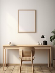 A table with a chair and a picture frame on the wall in a well-lit room.