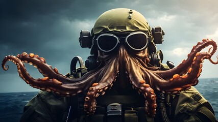 : A person wearing a soldier uniform and a green helmet with an octopus attached to the side of the helmet, with a green wall in the background - obrazy, fototapety, plakaty