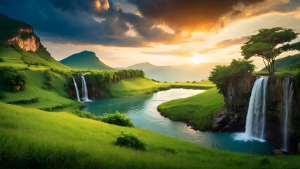 Waterfalls from long mountain with beautiful lake and green tree and grass on evening time sunset