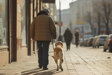 Fototapeta premium Guide dog helping blind man in the city.