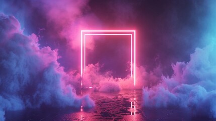 3D render of an abstract scene with a minimalist backdrop, showcasing a square frame illuminated by neon pink and blue lights, stormy clouds swirling within the frame