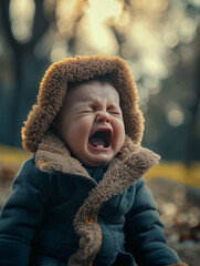Upset child crying in the park on the street - 729511197