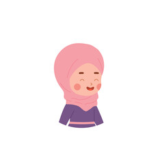 Muslim girl laughs, happy child in national Arab clothing, pink hijab and dress, vector Islamic religious kid character