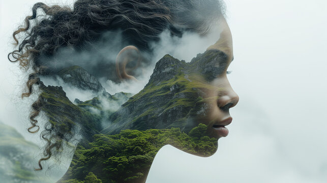Double exposure of woman and nature