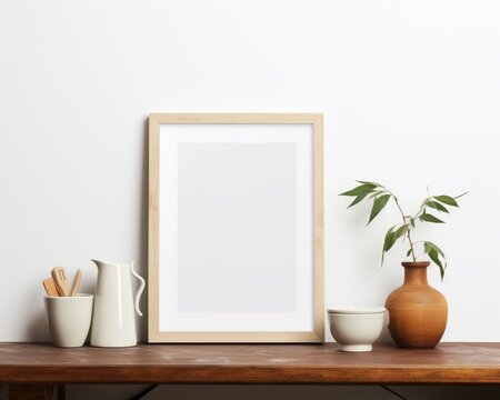 A picture frame rests squarely on top of a sturdy wooden table, showcasing a simple yet elegant display. © pham