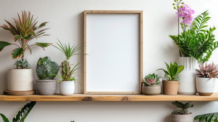A beautifully curated Scandinavian-style shelf displaying a variety of indoor plants in stylish pots, alongside a blank framed canvas.