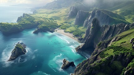 Aerial view of a remote coastline with dramatic cliffs plunging into the azure sea below, secluded...
