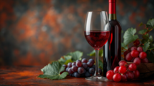 Glass and Bottle of Wine with Grapes