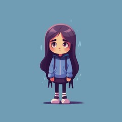Illustration of a sad girl with a frown. Unhappy little girl without a smile on a bright colorful background. Vector illustration of a small depressed woman. Flat design of a disappointed tired child.