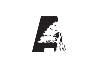 Fototapeta premium Abstract A Logo Letter and Tree Branches with green, black, white. Tree Letter Design with Minimalist Creative Style.