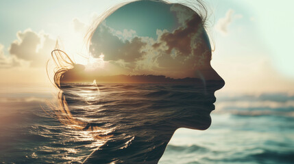 Double exposure woman and a beautiful sunset 