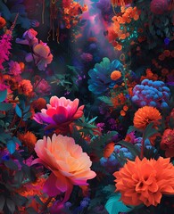 Fototapeta na wymiar colorful neon flowers painting generated ai