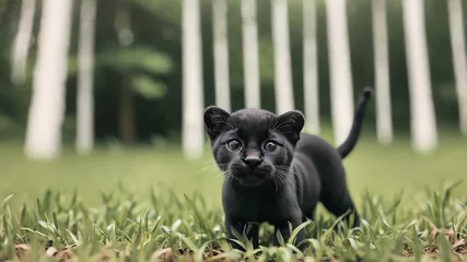 Gordijnen Black panther cub in the grass © Milten