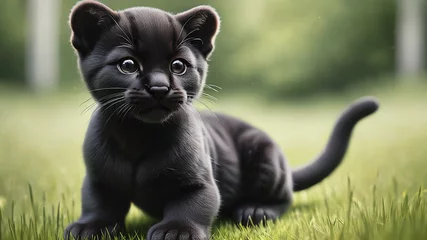 Plexiglas foto achterwand Black panther cub in the grass © Milten