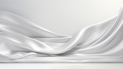 Glossy white stage with flowing silver silk drapes, Premium showcase mockup template for Beauty, Cosmetic, Luxury products, with copy space for text