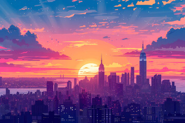 Spectacular Gotham Sunset: A Comic-style Skyline