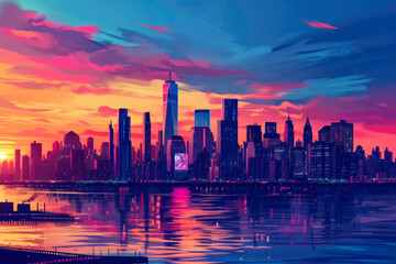 Fototapeta premium Dynamic Cityscape: New York's Sunset Adventure in Comics