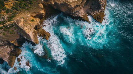 Remote coastline captured from an aerial perspective, rugged cliffs meeting the vast expanse of the ocean, waves crashing against the shore