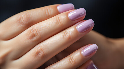 wide manicure banner background image with beautiful fingers of a lady hand with polished purple...