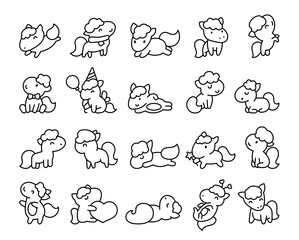 Cute kawaii pony. Coloring Page. Cartoon funny baby horse characters. Hand drawn style. Vector drawing. Collection of design elements.