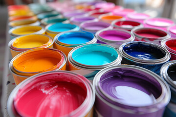 Fototapeta premium Jars with colourful dye inside stand in a row, colourful dyes