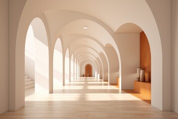A long hallway with arches and wooden floors stretching into the distance.