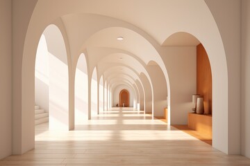 Naklejka premium A long hallway with arches and wooden floors stretching into the distance.