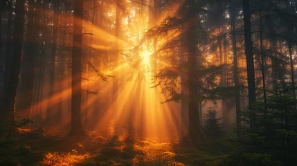  An enchanting view of a misty forest at sunrise with rays of light piercing through the trees. © Gabriel
